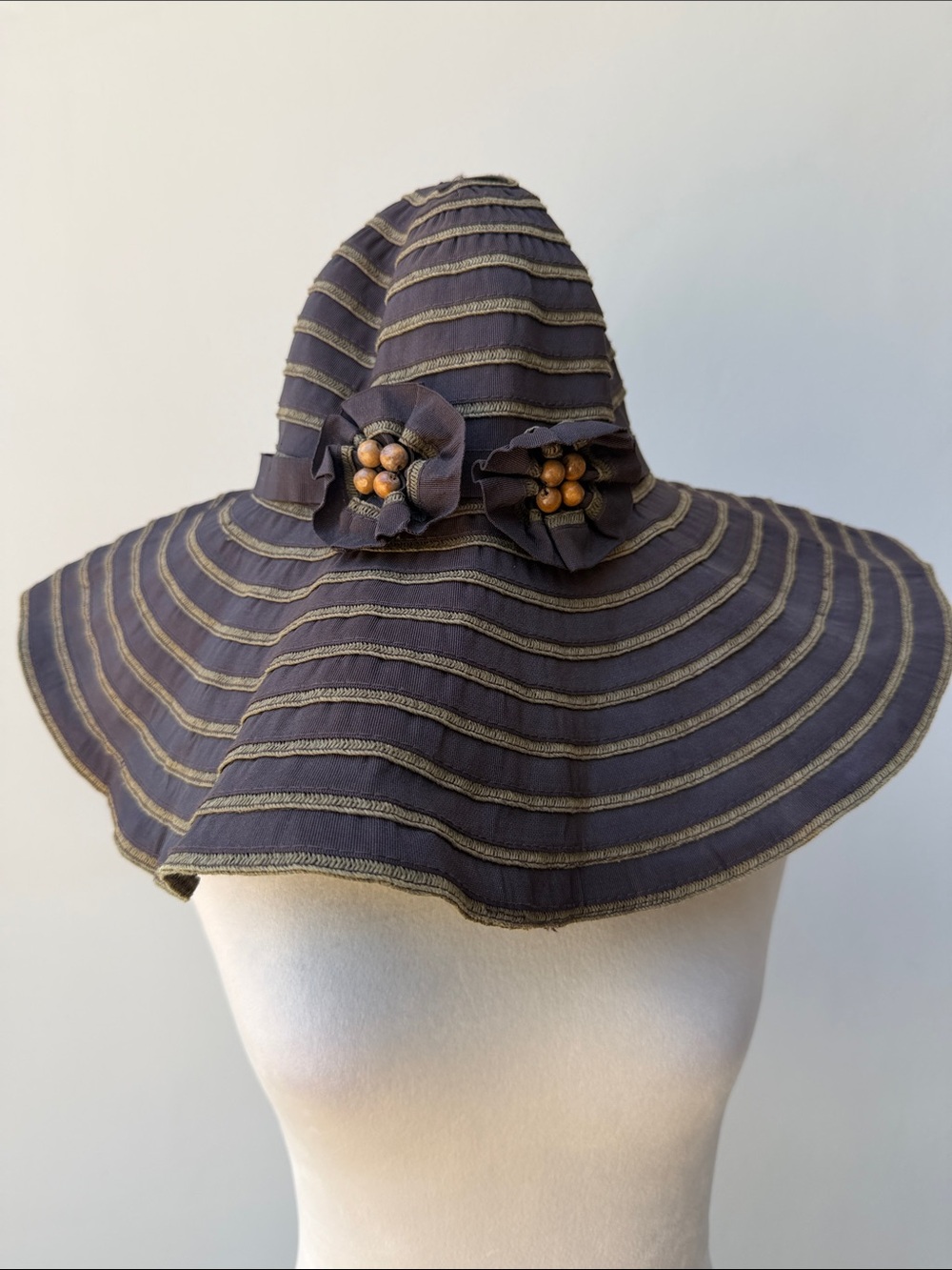 Women’s Wide Brim Sun Hat with Flower Bead Accents with Tie. Brown